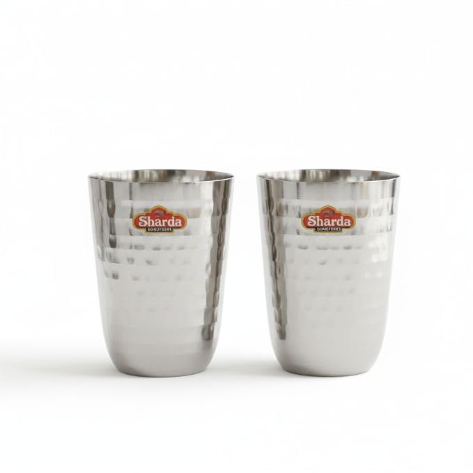 Image of Sharda Metals Stainless Steel Hammered Glass Set of 2 for Water, Juice, Soft Drinks, Lassi, Chaass & Beverages, Mathar Tumbler, Food Grade Serving Glasses - 300 ml Each