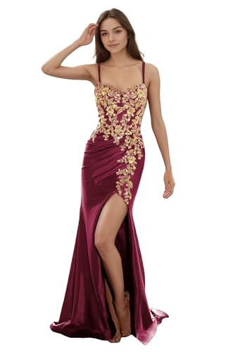Gold Appliques Prom Dresses for Women Long Sweetheart Satin Sparkling Mermaid Evening Gown with Slit Cg0049