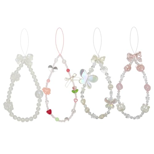 Evherv 4 Pcs Butterfly Phone Charms - Bow Knot Beaded Lanyard Wrist Chain, Love Flower Pearl Aesthetic for Girls Women (White, Pink)