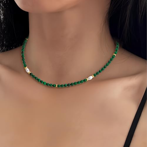 4mm Natural Green Malachite Gemstone Necklace for Women Minimalist Healing Choker Boho Jewelry with 18K Gold Beads and Pearls Chakra Balancing Amulet2