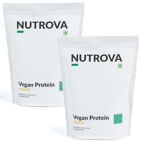 Image of Nutrova Vegan Protein Isolate Mango 1Kg (Pack of 2) with 24g Protein per Scoop for Muscle Building | Gluten & Sugar Free Ideal Plant Protein sweetened with Stevia, 80% Protein with Taurine & Leucine