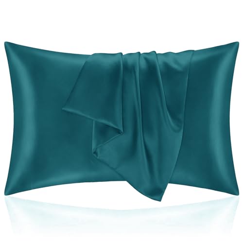 Funda de Almohada 40x70 Satén, Protector Almohada Saten para Proteger Piel y Cabello - Súper Suave e Hipoalergénica - Juego de 2 Fundas Almohada con Cremallera Azul Verde