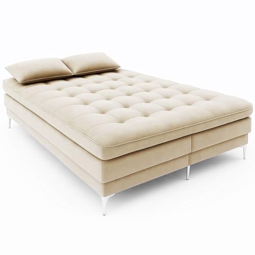 Image of FURNY Eagel 3 Seater Fabric Sofa Cum Bed with 2 Cushions (Cream) with Velvet Fabric | Durable with Comfort | Perfect for Living Room, Bedrooms, Offices