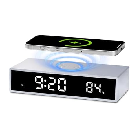 Digital Alarm Clock with with Wireless Charging, 15W Fast Wireless Charger for Smart Phone, Night Time Mode, Adjustable Brightness, Snooze, 12/24H, LED Clock for Bedroom, Living Room, Office (Silver) Cover