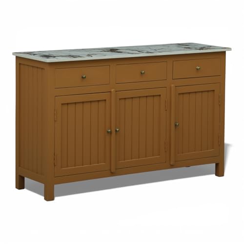 Image of Madrid Solid Wood Sideboard Cabinet with Sintered Stone Top for Living Room | Premium Acrylic Terracotta Brown | 130x40x80 cm