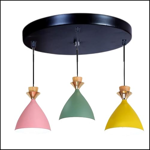 Image of 3 Light Cluster Hanging Bell Shade Light (Pink, Yellow, Green) Aluminium Hanging Pendant Light Drop, Antique Modern Ceiling Lamp (Bulb is not Included) 3 Light Cluster Set