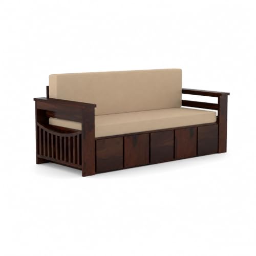 Image of Kunjal Furniture Solid Sheesham Wood Sofa Cum Bed with Storage for Living Room | Natural Finish | 3-Seater Convertible Sofa Bed | Handmade Wooden Furniture (Walnut (Beige), Contemporary)