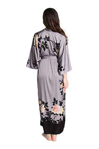 Women's Charmeuse Kimono Robe Long - Watercolor Floral - Blush Rose - Dusk (Purple) - Thumbnail 3