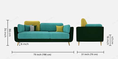 Image of Black Wood Modern Montez Luxurious Velvet 3 Seater Sofa for Bedroom, Living Room, Dining Room, Drawing Room, Home Office in Bug Resistant Wood (Turquoise & Green, 3 Seater)