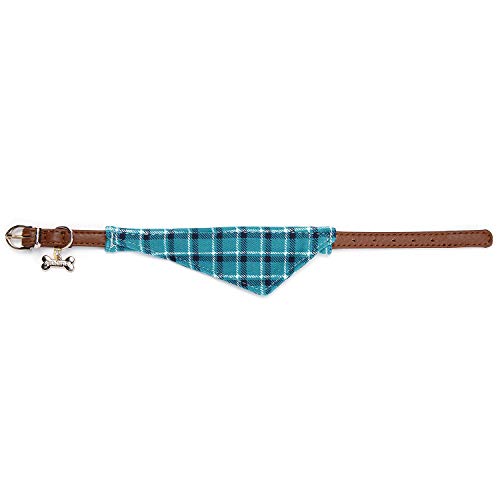 Extra Small Dog And Cat Collar With Cute Plaid Bandana. Adjustable 5 Holes To Also Fit Puppy And Kitten. Quality Pu Leather And Durable Polyester (Bandana-Peacock Green Plaid) #TOP2