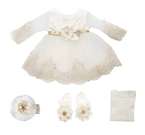 Lal & Luna Newborn Baby Girl Lace Dress Gift Set, 4pc Outfit for Baptism, Photoshoot, Party, Wedding â€“ Gown with Onesie Bodysuit, Headband and Soft Infant Shoes, White, Gold Belt, 0-3M