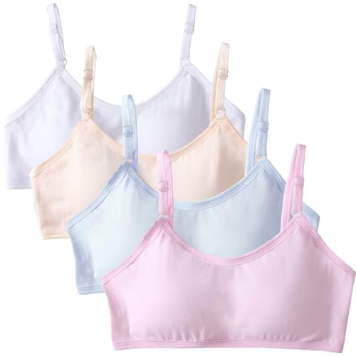 4 Pack Girls Sports Bra Training Bras Underwear with Fixed Bust Pad and Adjustable Strap Teenage Girls Crop Top for Kids 10-18 Years