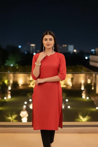 Image of Saanjh Women's Fit Straight Cotton Blend Long Kurta, 3 /4 Sleeve, Knee Length Kurtis, Casual and Office Wear
