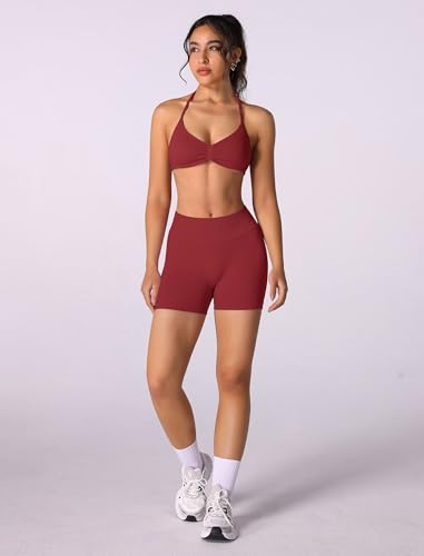 Image of ABOCIW Womens Seamless Workout Sets 2 Piece Strappy Halter Sports Bra Scrunch Butt Shorts Gym Yoga Outfits