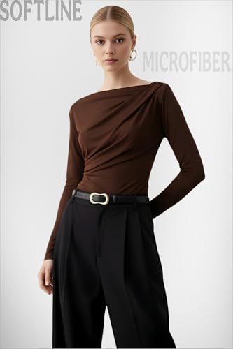 Image of SIGHTBOMB SOFTLINE Asymmetric Boat Neck FRONTFLOW Gathered Waterfall Afford LUX Edition Formal WEAR Long Sleeve Feather Touch TOP for Women