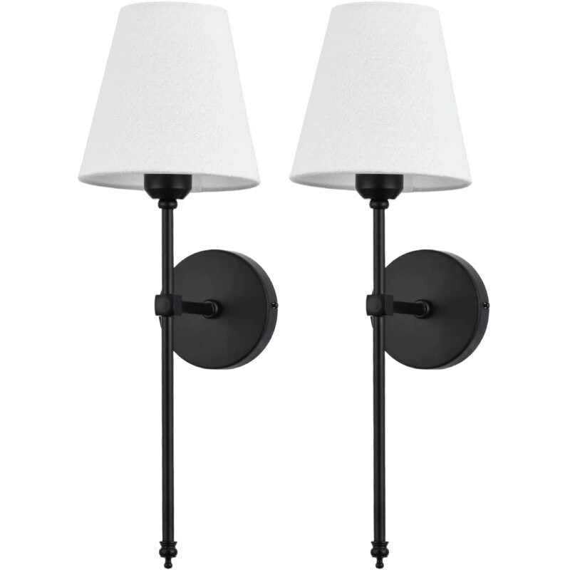 Image of Wall Sconces Sets of 2, Retro Industrial Wall Lamps, Bathroom Vanity Sconces Wall Lighting with White Fabric Shade, Hardwired Column Stand Bathroom Vanity Light Fixture for Hallway (Black)