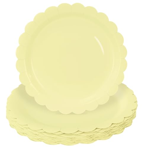 HEIPINIUYE 25 Pieces Yellow Paper Plates 7 Inch Yellow Scalloped Plates Disposable Dinner Plate for Wedding Baby Shower Birthday Party Dessert Plate