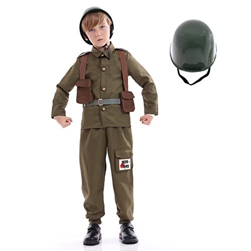 Funivals Army Soldier Costume Kids?Unisex WWII Soldier Dress Up with Helmet?Halloween ww2 Cosplay Outfit Boys?Khaki(L)