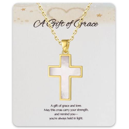 Mother of Pearl Cross Necklace for Women 925 Sterling Silver Gold Plated Pendant Adjustable Chain Christian Jewelry Gift for Women Baptism Confirmation Birthday