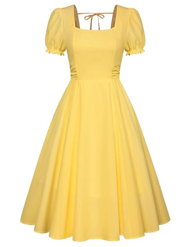 Image of Belle Poque Women's Vintage Midi Cottagecore Cocktail Dresses | Belle Poque Women's Vintage Cottage Core Dress,A-line,Midi,Square Neck,Homecoming Dress,Cocktail Dress,Sun Dress