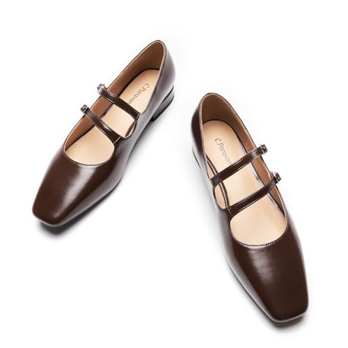 C.Paravano Women's Mary Jane Flats | Block Heel & Adjustable Straps|Square Toe Ballet Flats for Client Lunches, Garden Parties|Pair | Silk Dresses or Linen Sets(Chocolate,7)