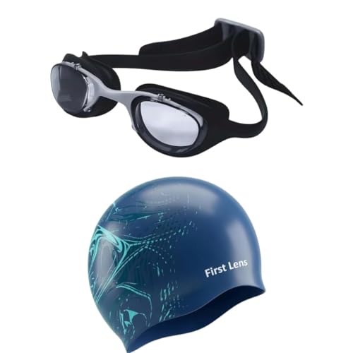 Image of First Lens Swimming Combo Kit Set, AntiFog Swim Black Goggles with Swim Cap for Womens Hairs & Mens Short Hair - Aquawave Cap & Black Goggle