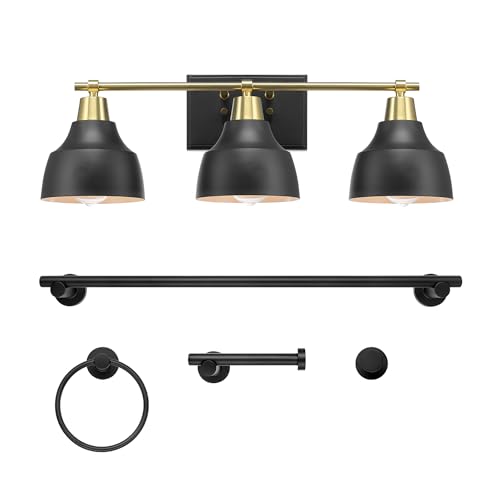Image of Globe Electric 63000204 5-Piece All-in-One Bathroom Accessory Set, 3-Light Vanity Light, Matte Black & Brass, Towel Bar, Robe Hook, Toilet Paper Holder, Towel Ring, Bath, Bathroom Lights Over Mirror