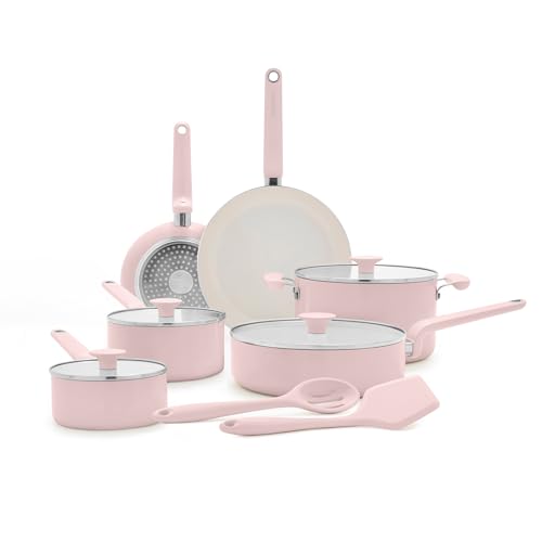 GreenPan Rio Advanced 12 Piece Cookware Set, Ceramic Nonstick PFAS-Free Pots & Pans with Cooking Utensils, Induction Ready, Dishwasher & Oven Safe, Pink
