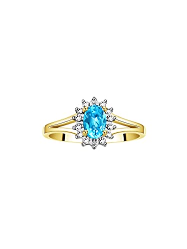 Image of Rylos Halo Ring: Diamond Birthstone with 6X4MM Oval Gemstone - Women's Jewelry in Yellow Gold Plated Silver - Stunning Diamond Ring Sizes 5-10