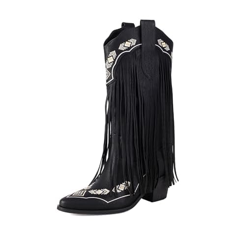 AIJIVOU Embroidered Fringe Cowboy Boots for Women, Pull On Mid Calf Chunky Block Heel Pointed Toe Western Cowgirl Boots Riding Country Boot Retro Boots (black, 10 M US) Cover