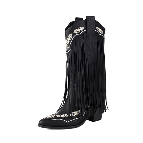 Image of Embroidered Fringe Cowboy Boots for Women, Pull On Mid Calf Chunky Block Heel Pointed Toe Western Cowgirl Boots Riding Country Boot Retro Boots