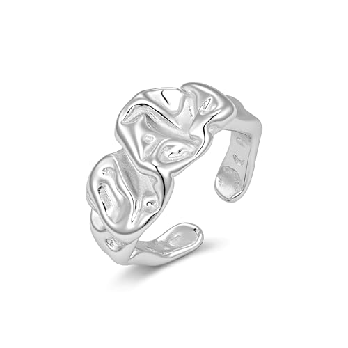 ALEXCRAFT Bagues En Argent Pour Femmes Bague Ouverte Argent Large Réglable Martelée Concave Bague Argenté Pour Femme Homme US-Taille 7