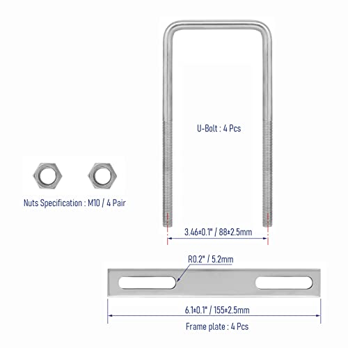Image of 4 Sets 304 Stainless Steel Square U-Bolts 3.15 inch(80mm) Inner Width, 5.91 inch(150mm) Length Stainless M10 with Nuts, Frame Plate, Accessories for Automobiles Trailer, Boat Trailer Industrial Parts