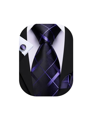 Image of Barry.Wang Mens Tie Set Plaid Check Neckties Formal Business Wedding Luxury Pocket Square Cufflinks