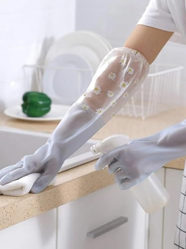 Image of Heavy Duty Hand Gloves For Dishwashing, Gardening, Kitchen Cleaning Non-Slippery & Durable Long Elbow Length(Inner Cotton Lining For Comfort) (Grey + Peach)