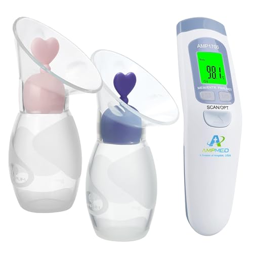 Amplim Deluxe Manual Silicone Breast Pump and No Touch Forehead Thermometer for Babies and Adults | Bundle Pack