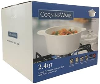 CorningWare Glass-Ceramic Pyroceram Round Classic Casserole, 2.4 Quart / 2.25 Liter Cooking Pot with Handles & Glass Cover - White (Medium)