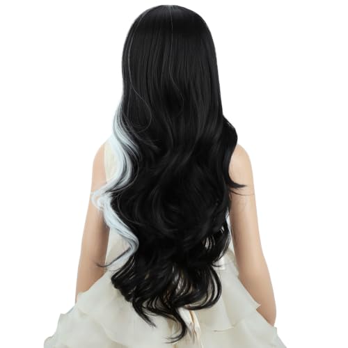 Image of PATTNIUM Black and White Wig for Girls Kids Long Curly Wigs Black Highlights White Middle Part Heat Resistant Synthetic Wigs with Wig Cap