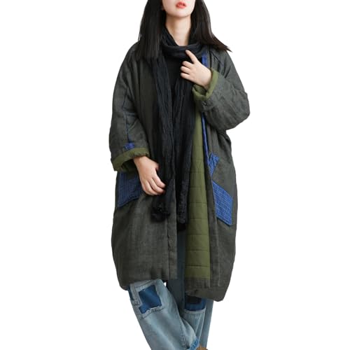LZJN Cappotto trapuntato da donna in lino, caldo, casual, lungo, largo, kimono, cardigan, cappotti, con tasca patchwork, Verde grigiastro, taglia unica