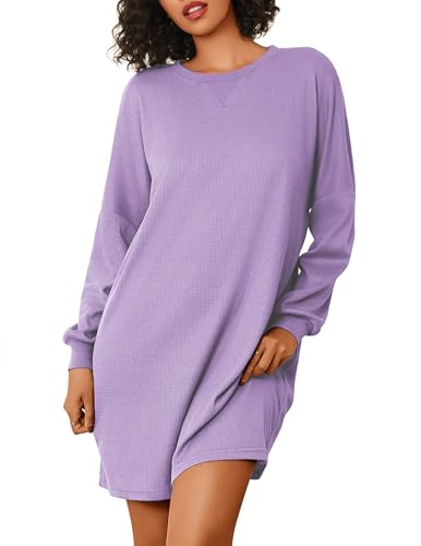 Ekouaer Nightgowns for Women Long Sleeve Sleep Shirts Waffle Knit Nightshirts Soft Sleep Dress Oversized Sleepwear Lilac