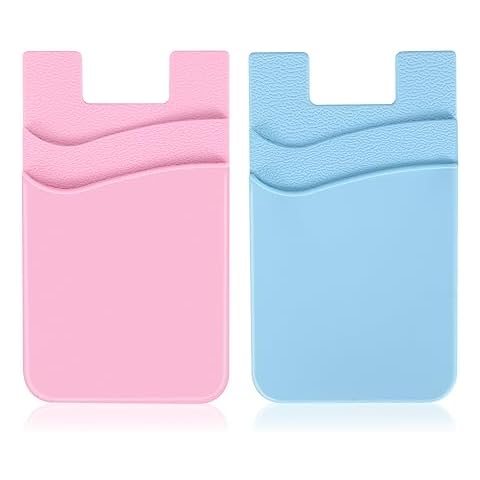 Zemexy 2Pack Phone Wallet,Silicone Credit Card Holder Stick on Double Pocket for Back of Cell Phone case-Sky Blue,Pink Cover
