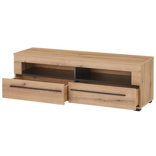 Lomadox Wohnwand Wohnzimmer-Set 3-teilig mit Vitrine, Lowboard & Wandregal in Eiche inkl. LED Beleuchtung – Bild 7