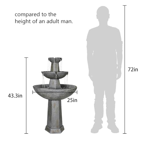 Image of SunJet 43.3 inch High 3-Tiers Modern Concrete Outdoor Water Fountain - Round Large Outdoor Fountains and Waterfalls for Garden, Patio, Yard, and Deck Decor, Featuring Natural Stone Look(43.3inch,Grey)