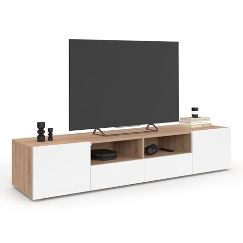 IDMarket - Meuble TV 180 cm ELI Bois façon hêtre Portes Blanches