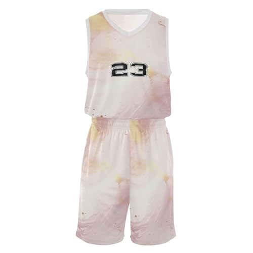 FLildon Pink Ink Texture Boys Basketball Jersey Set Tank Top Shorts Tracksuit Sport Training Suit for Kids, XXL