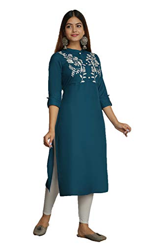 Image of NEW4U Women's Regular Fit Rayon Straight Buttoned Kurta | Designer Printed Kurti /Embroidery Kurta Round Neck Style with Buttons Ethnic Kurta