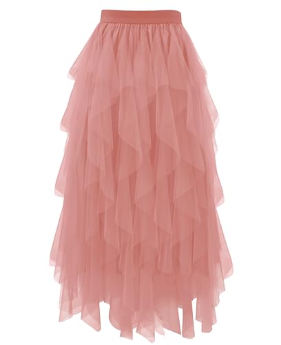 THHGPO Tulle Skirts for Women A Line Fairy Tiered Skirt Midi Length High Elastic Waist Long Skirt Blush Pink S