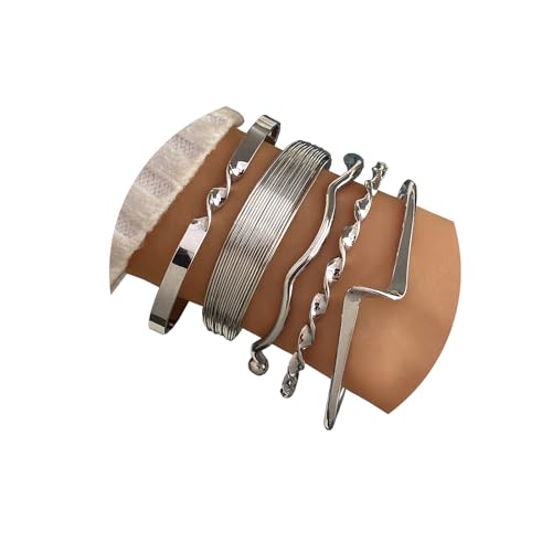 IFKM Silver Bangles Bracelets For Women, Multi Layer Stackable Open Cuff Bracelet Set, Trendy Elegance Charms Non Tarnish Minimalist Textured Boho Jewelry Gift for Women