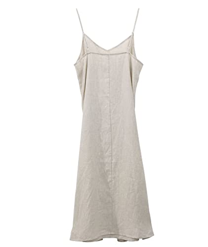 Image of Amazhiyu Women's Pure Linen Summer Midi Split Slip Dress | V Neck, Spaghetti Strap, with Pockets