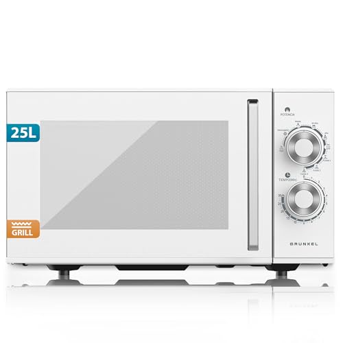 Grunkel Microondas con grill de 25 Litros, 900W + 1000W Grill 5-6 Niveles de Potencia, 3 Modos Combinados, Temporizador 30 min Apertura con Tirador y Bandeja Ø245 mm